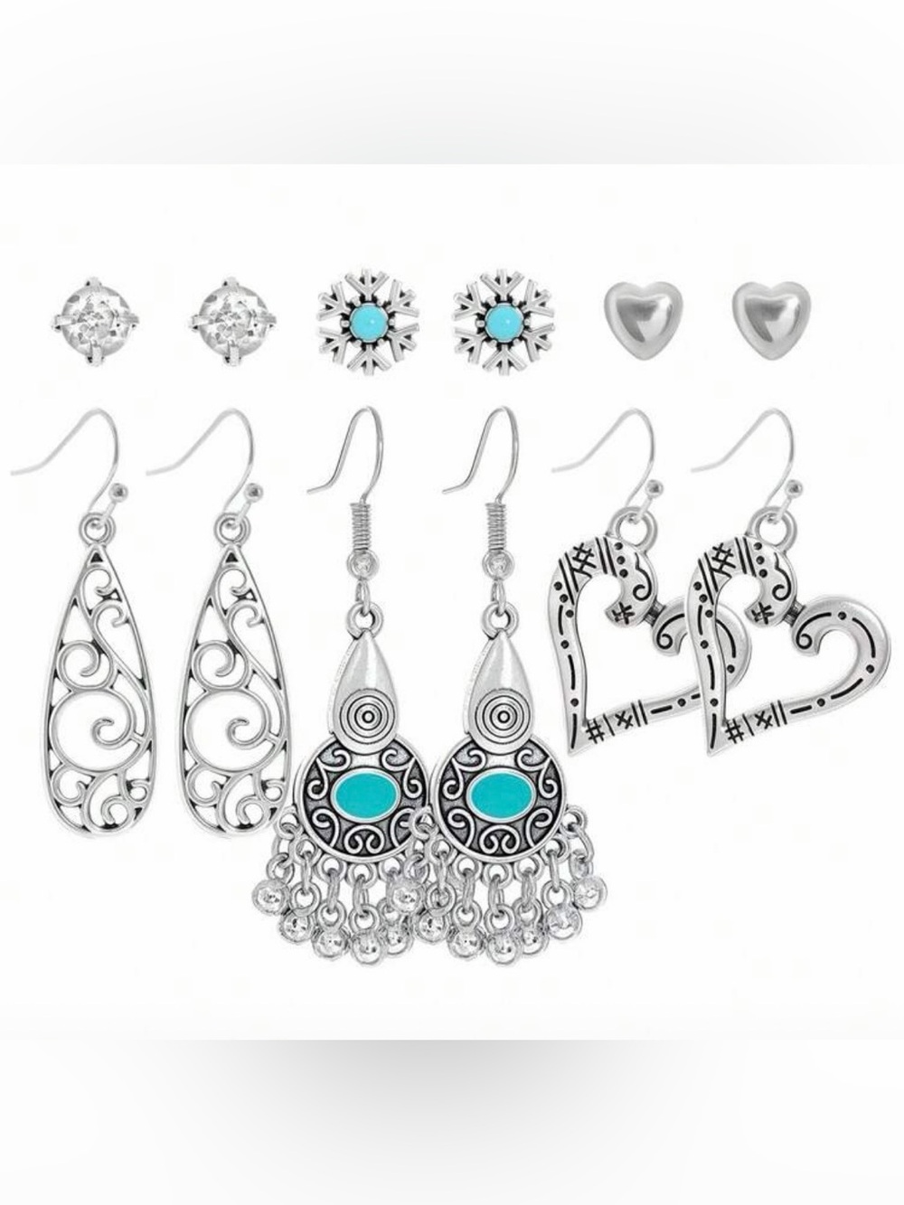 Silver-Tone faux Turquoise Accent Earring Set - 6 Pairs